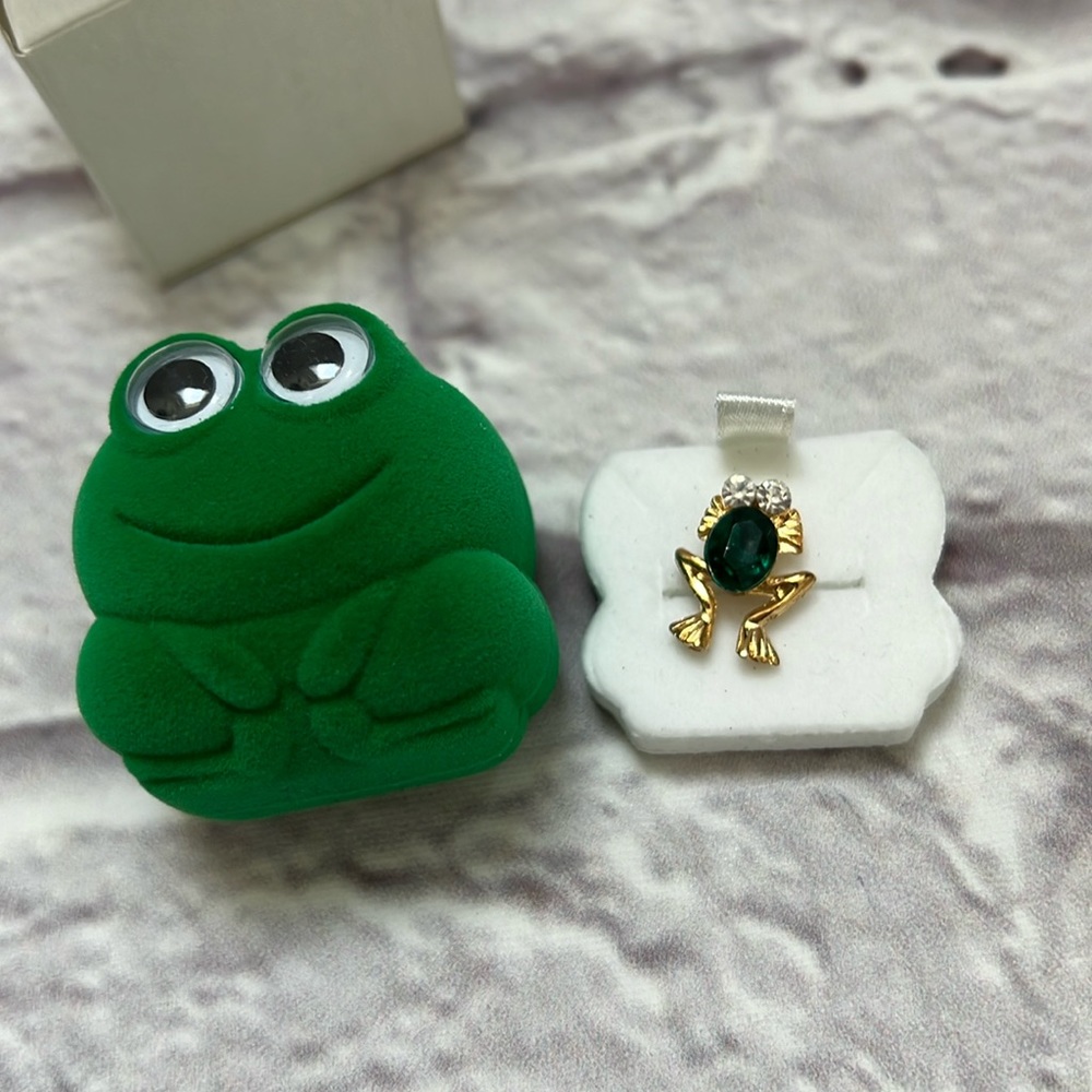 Green jeweled frog pin in Google eye frog box